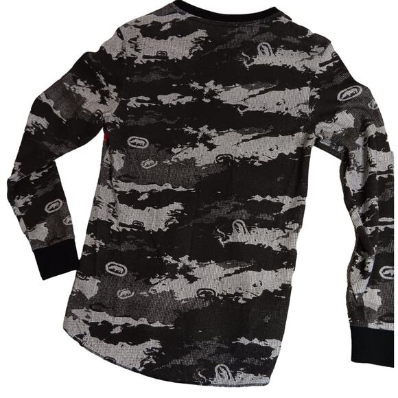 Ecko Unltd. Thermal Knit Shirt Mens S Black Gray Camo Hi Low Spell Out - Picture 3 of 14